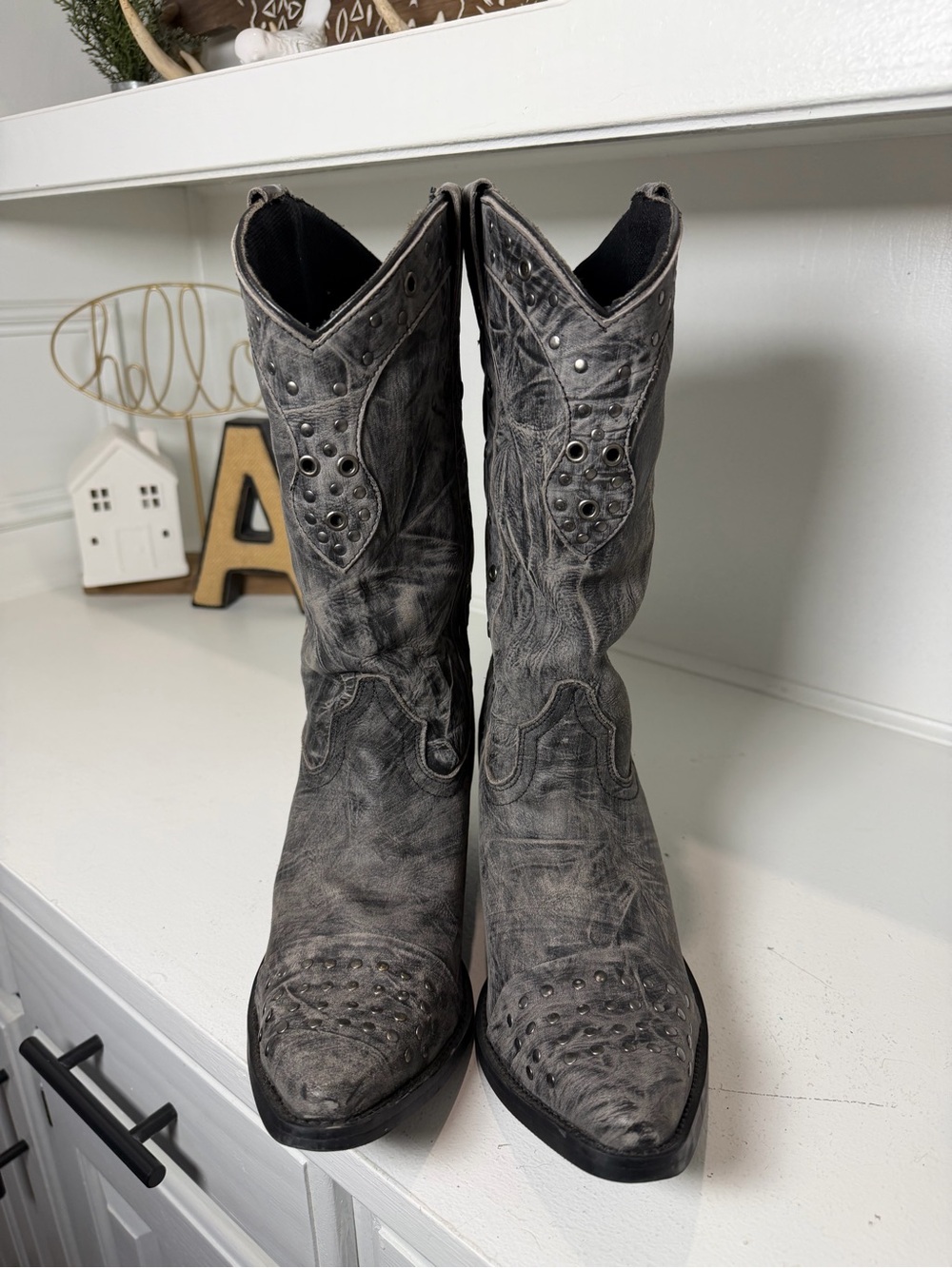 Durango Cowboy Boots Women's 10 Gray Studded Leather Western Boots Snip Toe Y2K - Picture 2 of 9